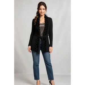 Dolce Cabo Cardigan Womens S Black Open Faux Fur Trim Belted Thermal‎ Cable Knit